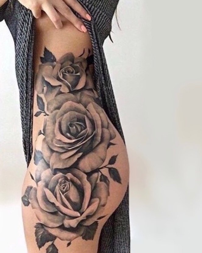 Black and Grey Rose Hip Tattoo Tattoo Design