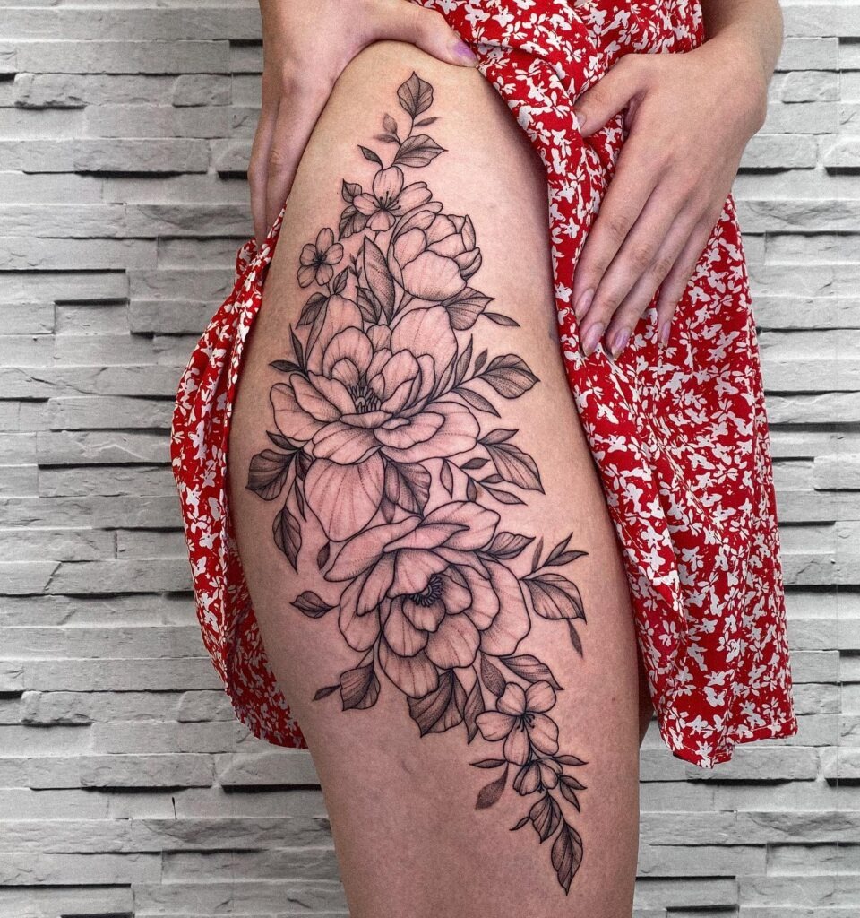 Blooming Peony and Wildflower Hip Tattoo Tattoo Design