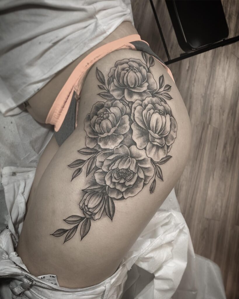 Clustered Peony Bouquet Hip Tattoo Tattoo Design