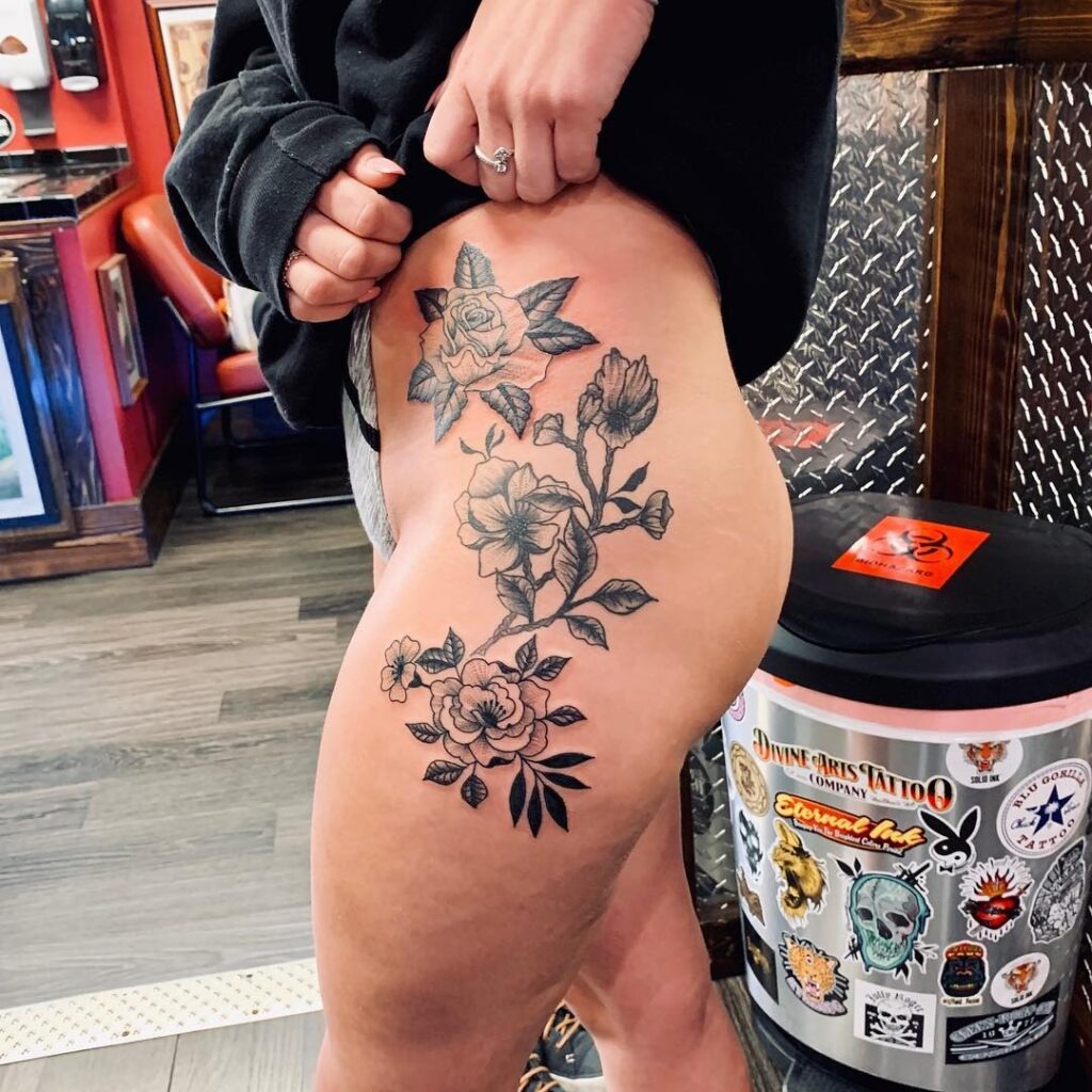 Elegant Black and Grey Rose Hip Tattoo Tattoo Design