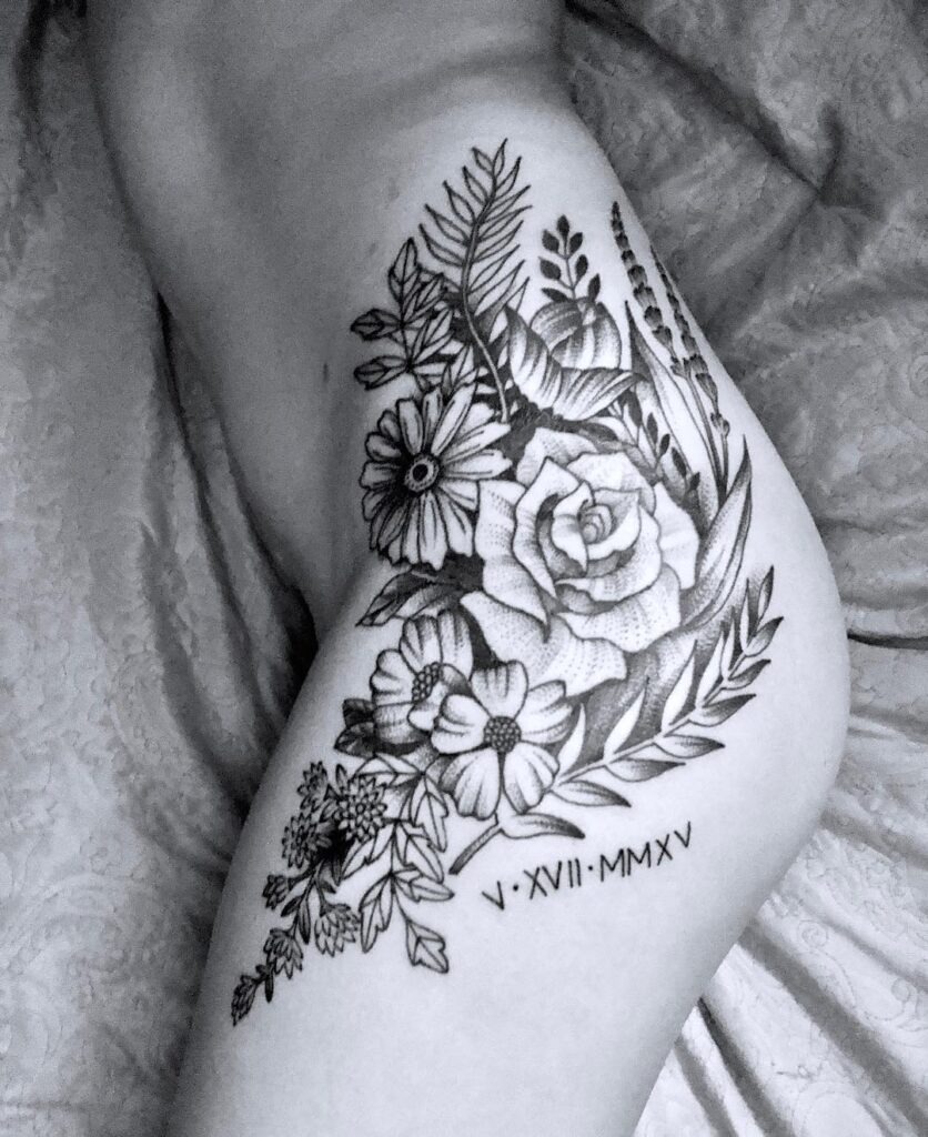 Floral Hip Tattoo with Roman Numerals Tattoo Design