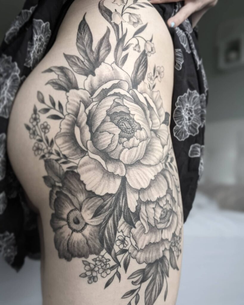 Full Hip Peony Bouquet Tattoo Tattoo Design