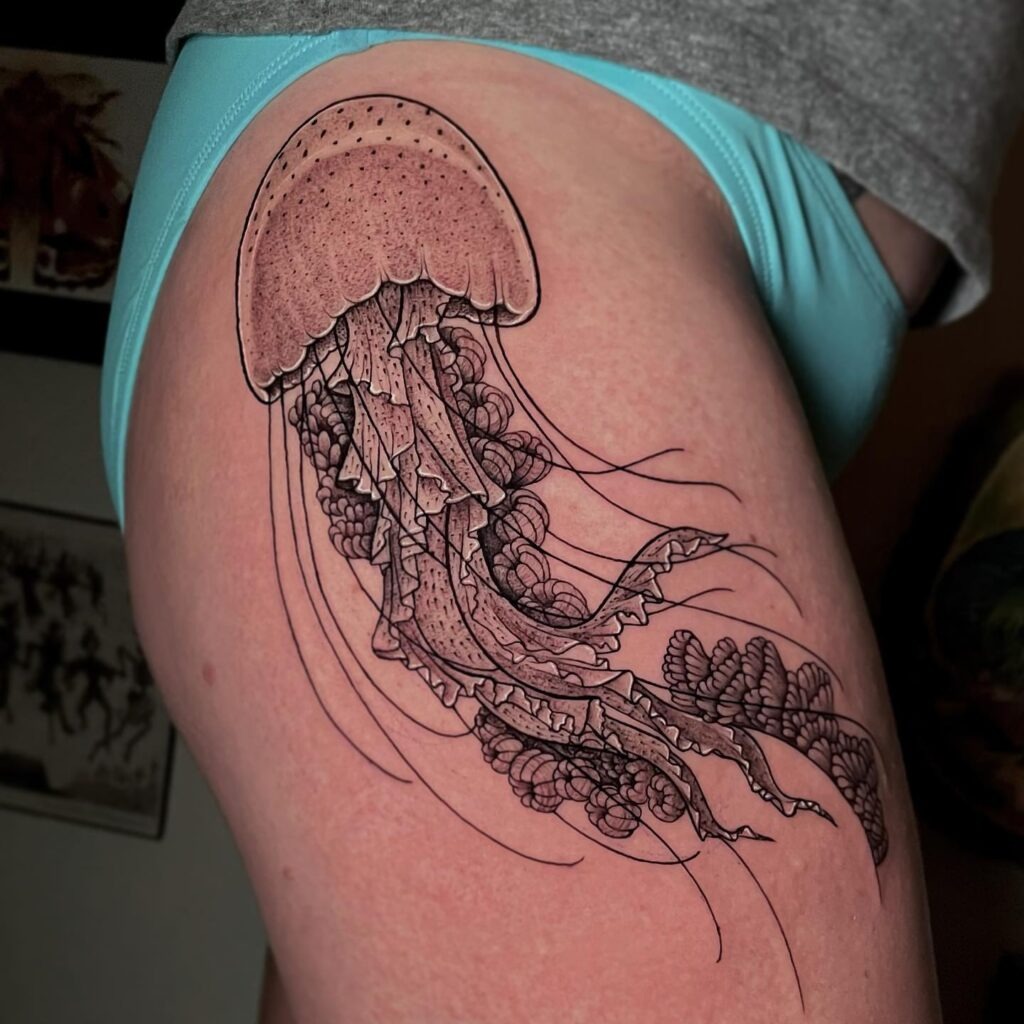 Jellyfish with Cayman Coral Hip Tattoo Tattoo Design