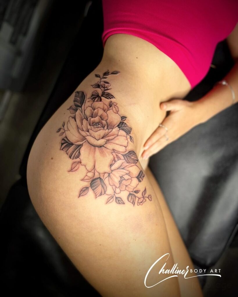 Large Peony with Buds Hip Tattoo Tattoo Design