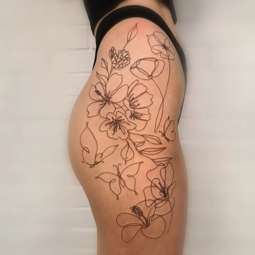 One-Line Floral and Butterfly Hip Tattoo Tattoo Design