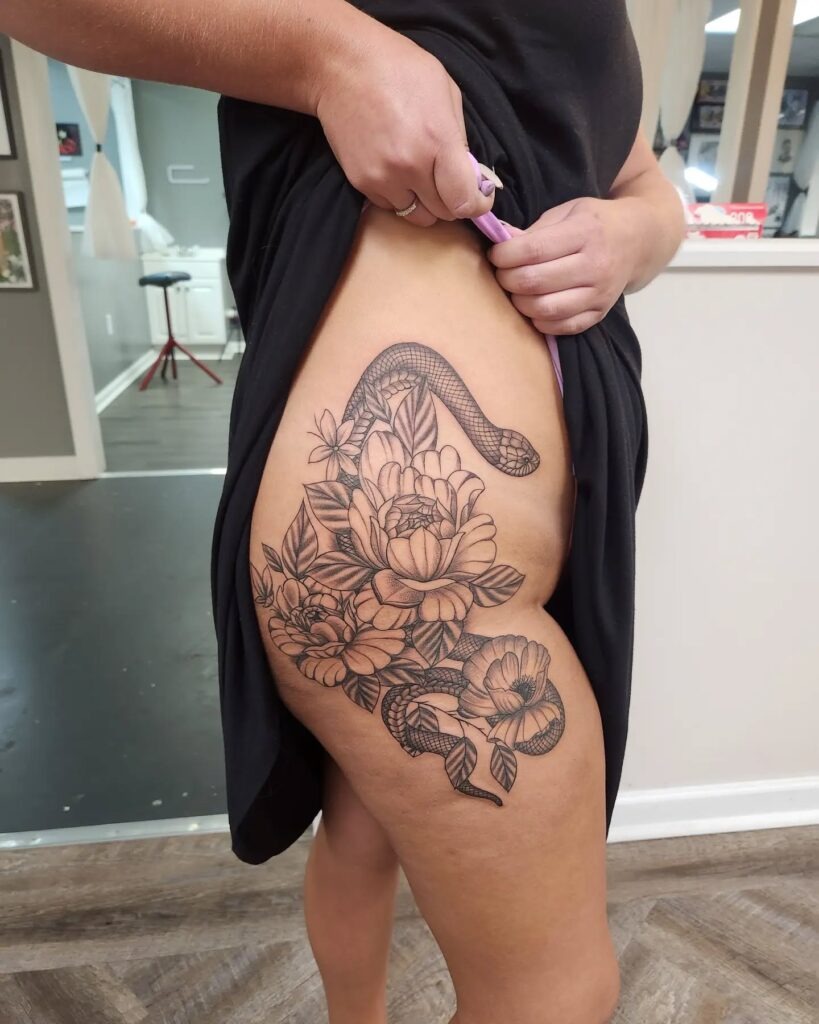 Snake and Peonies Hip Tattoo Tattoo Design