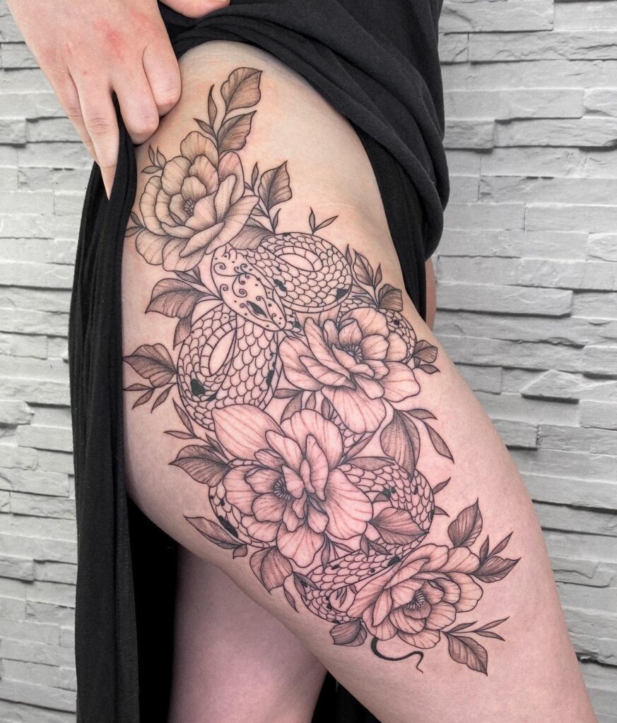 Snake and Roses Hip Tattoo Tattoo Design