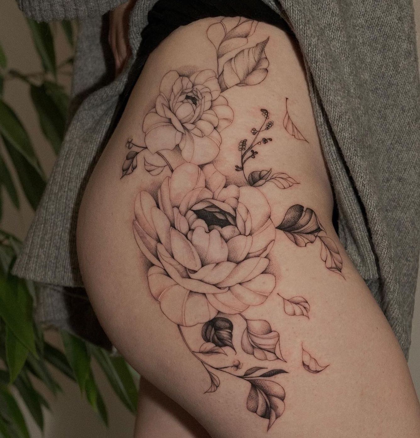 Soft Peony and Falling Leaves Hip Tattoo Tattoo Design