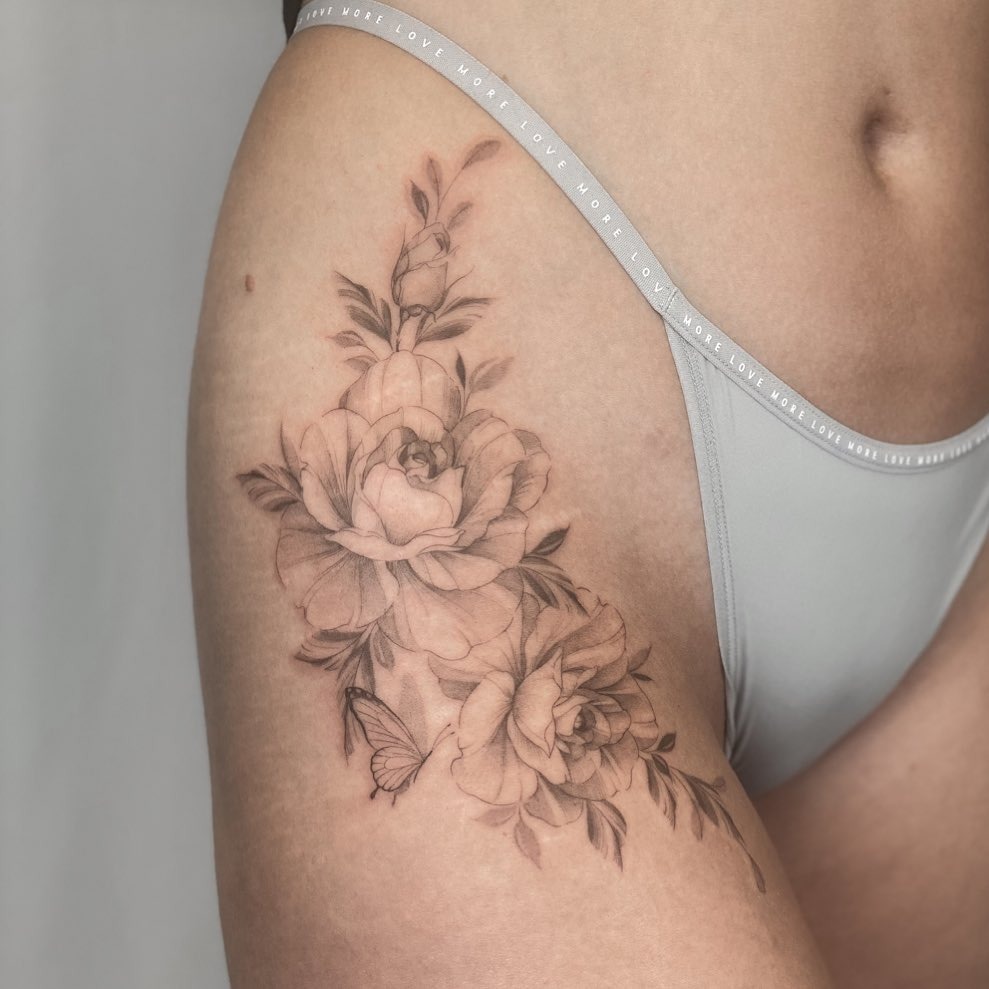 Soft Rose and Butterfly Hip Tattoo Tattoo Design
