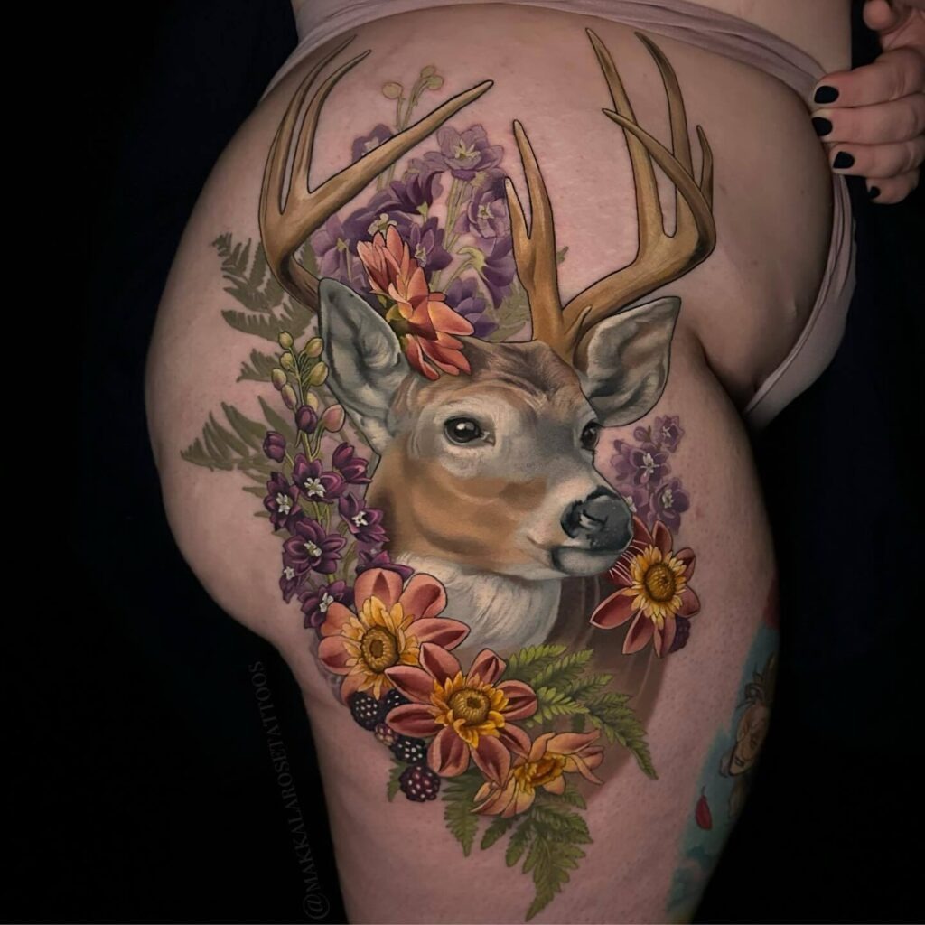 Color Realism Tattoo of Woman with Tiger Lilies Tattoo Design