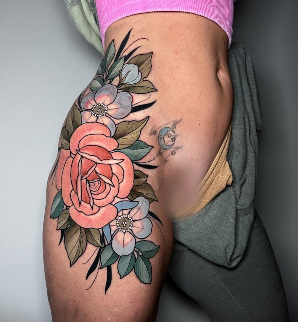 Colorful Hip & Thigh Tattoo Ideas Tattoo Design