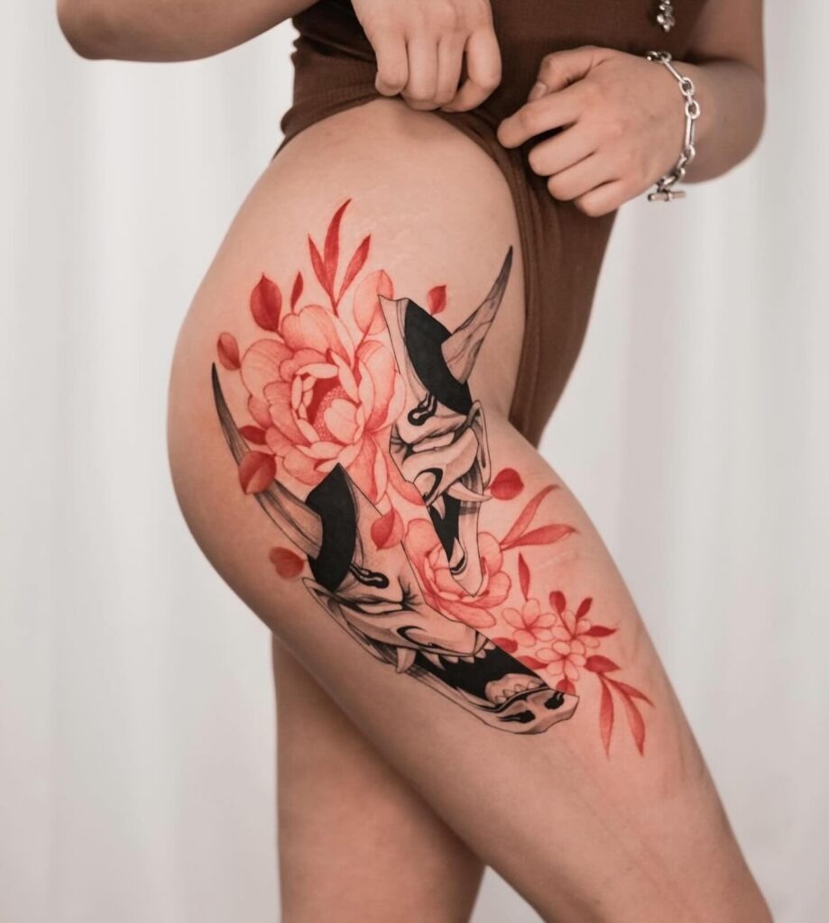 Hummingbird & Floral Crescent with Mandala Thigh Tattoo Tattoo Design