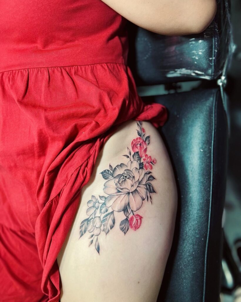Soft Floral & Dragonfly Thigh Tattoo Tattoo Design