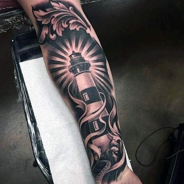 Lighthouse and Rays of Light Tattoo Design