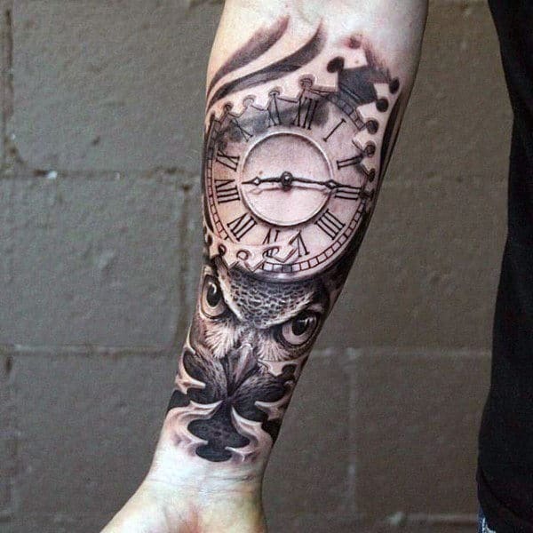Timepiece and Owl Detail Tattoo Design