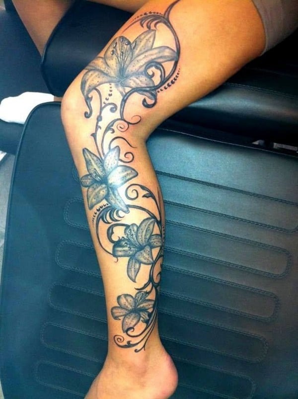 Artistic Floral Wrap Around the Calf Tattoo Design