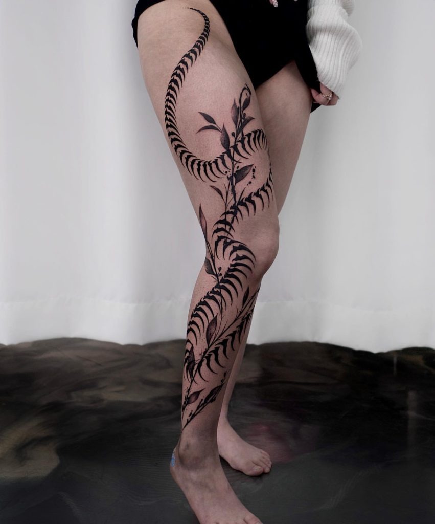 Botanical Motif on the Side of the Leg Tattoo Design