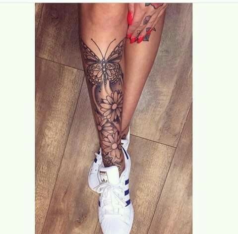 Butterfly and Daisy Fusion on the Lower Calf Tattoo Design