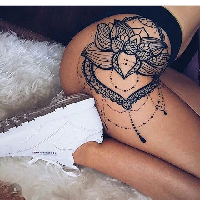Geometric Lotus on Upper Thigh Tattoo Design