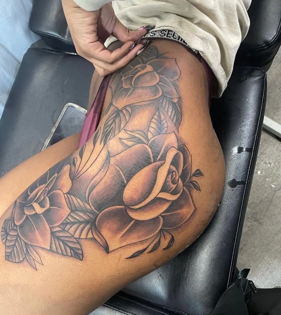 Large Shaded Roses on the Thigh Tattoo Design