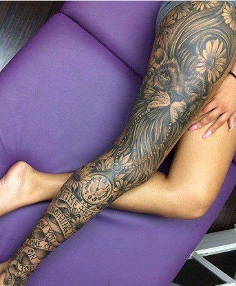 Lion and Quotes Lower Leg Sleeve Tattoo Design