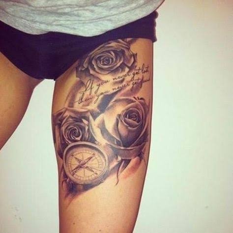 Rose and Compass with Thigh Quotes Tattoo Design