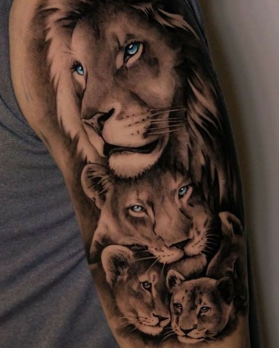 Forearm Lion Family Tattoo with Moon Tattoo Design