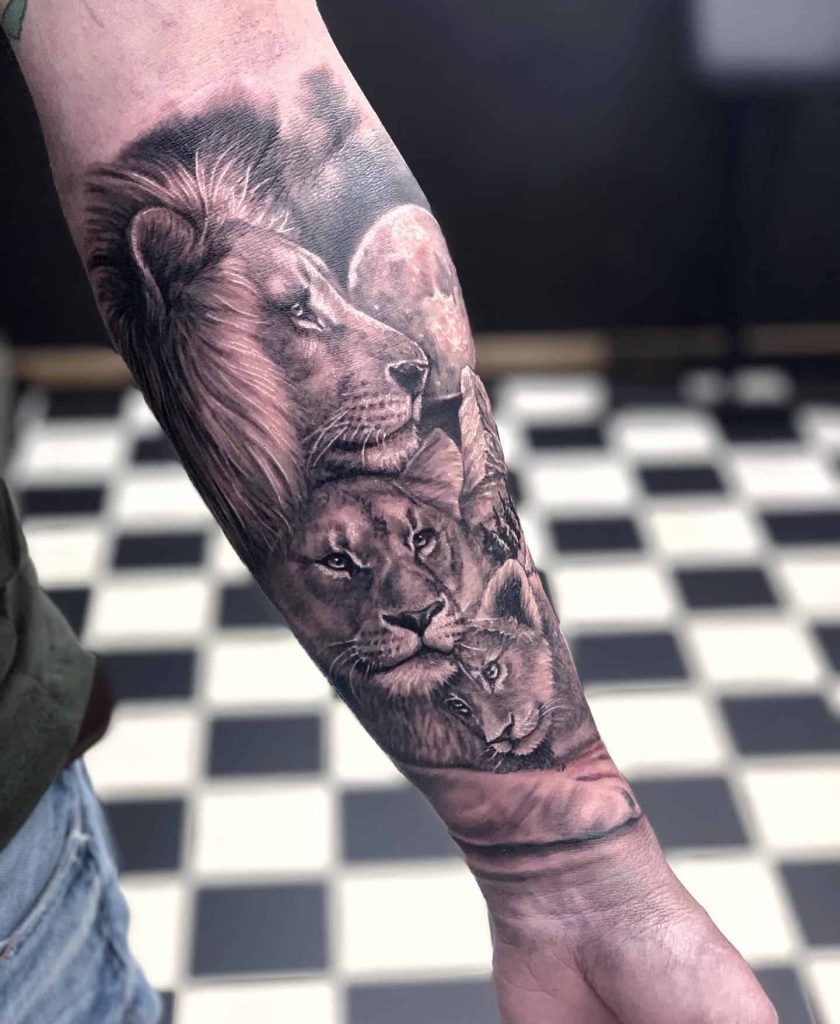 Full Sleeve Lion Family Tattoo with Detailed Cub Portraits Tattoo Design