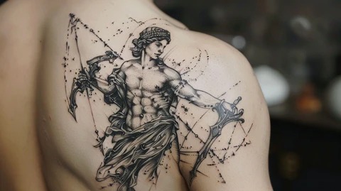 This tattoo combines mythological influence with symbolic Libra representation.