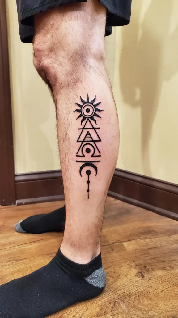 An excellent example of modern and minimalist design, this tattoo features geometric symbols combined with celestial elements, capturing the spirit of constellation themes.