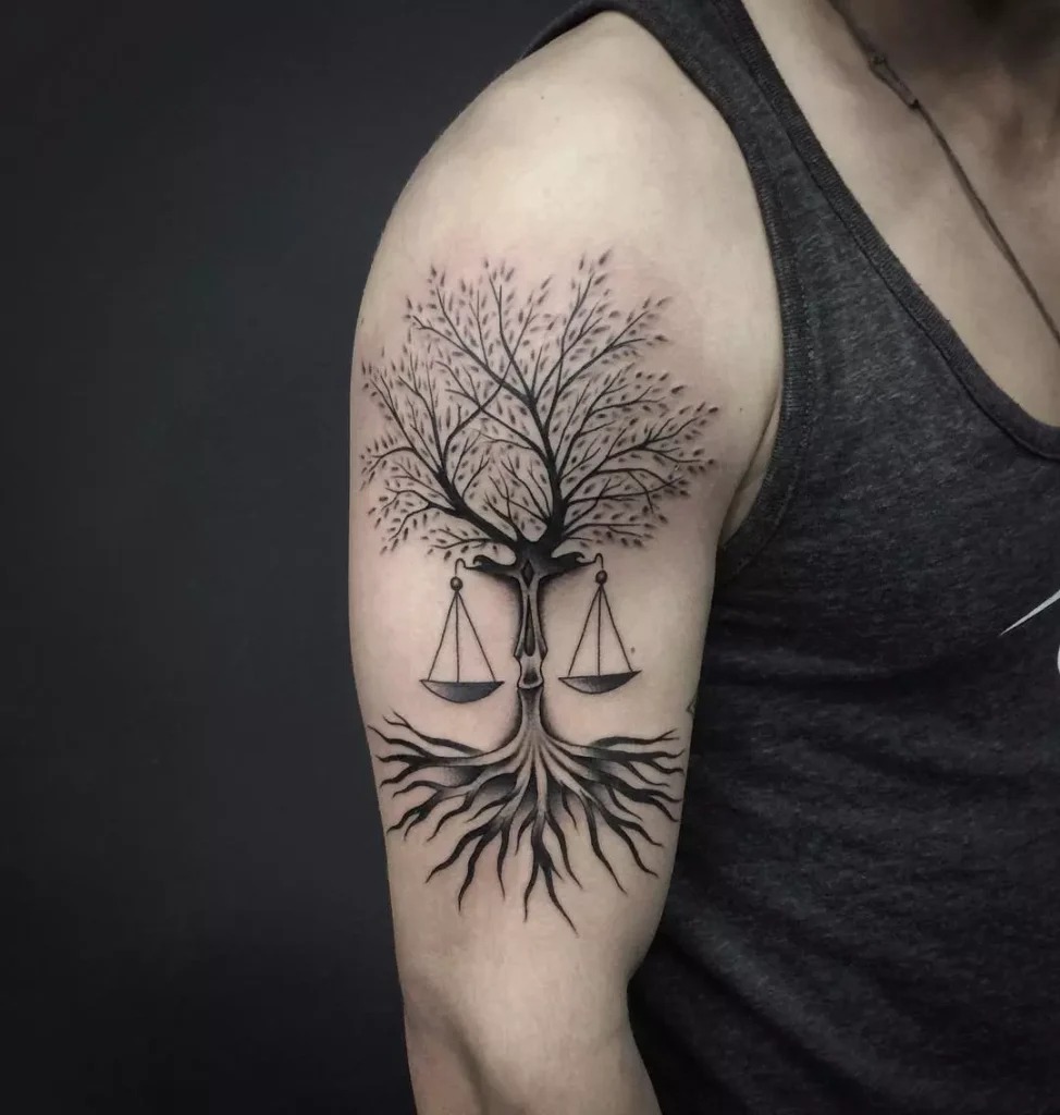 The unique merging of the tree of life with balanced scales symbolizes the intricate balance between nature, growth, and justice.