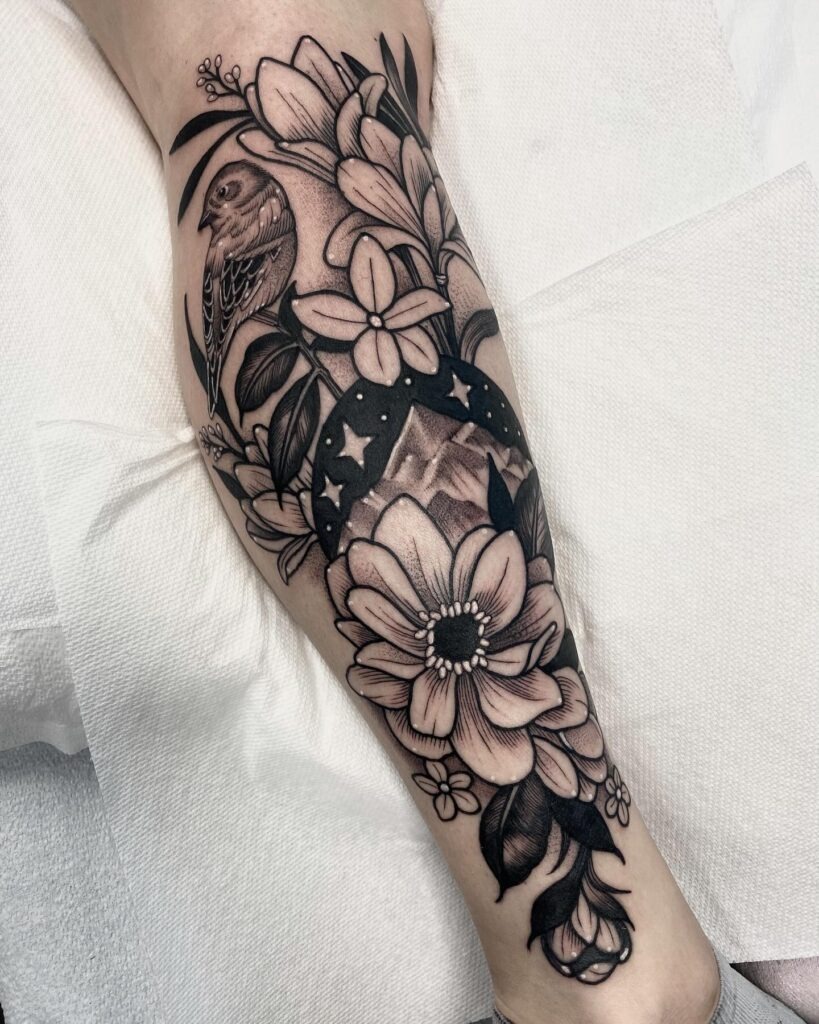 Floral Nature Scene with Bird Tattoo Tattoo Design