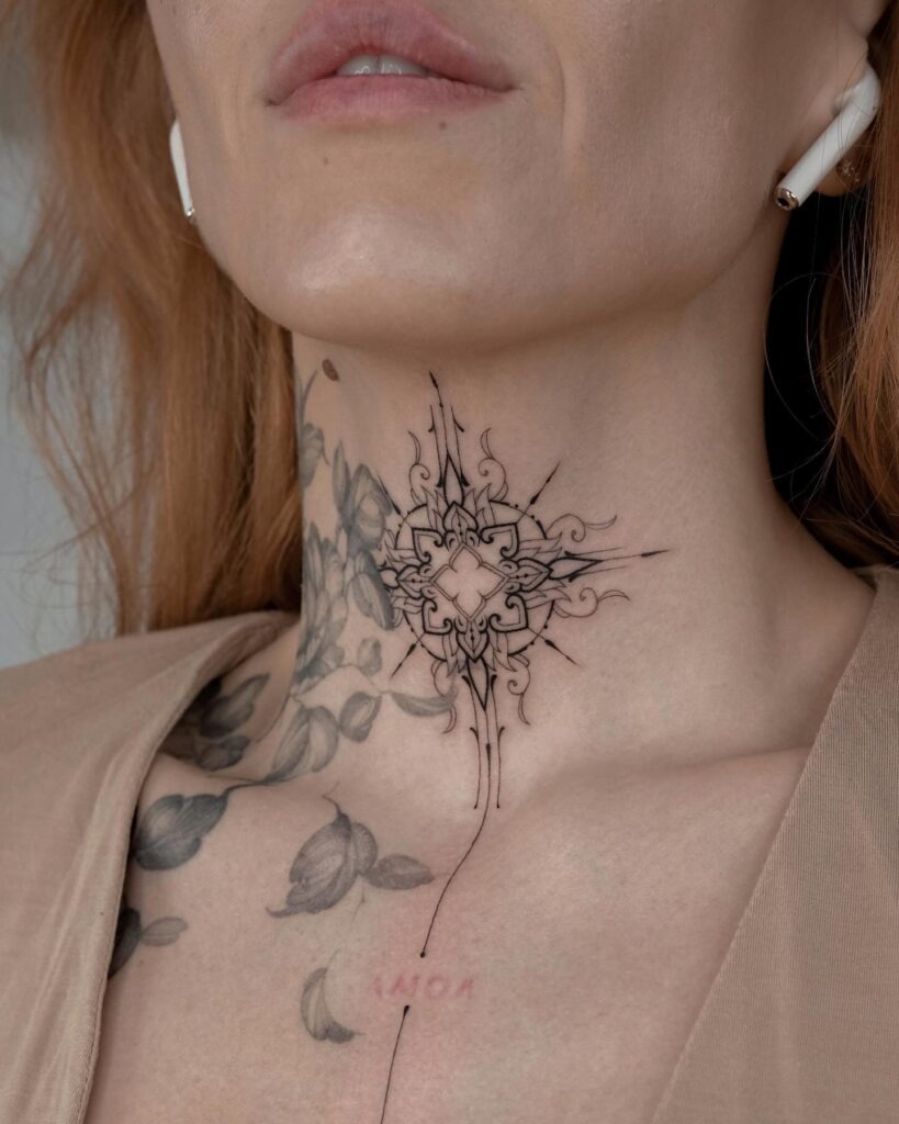 Bold Mandala Throat Tattoo with Leaf Accents Tattoo Design