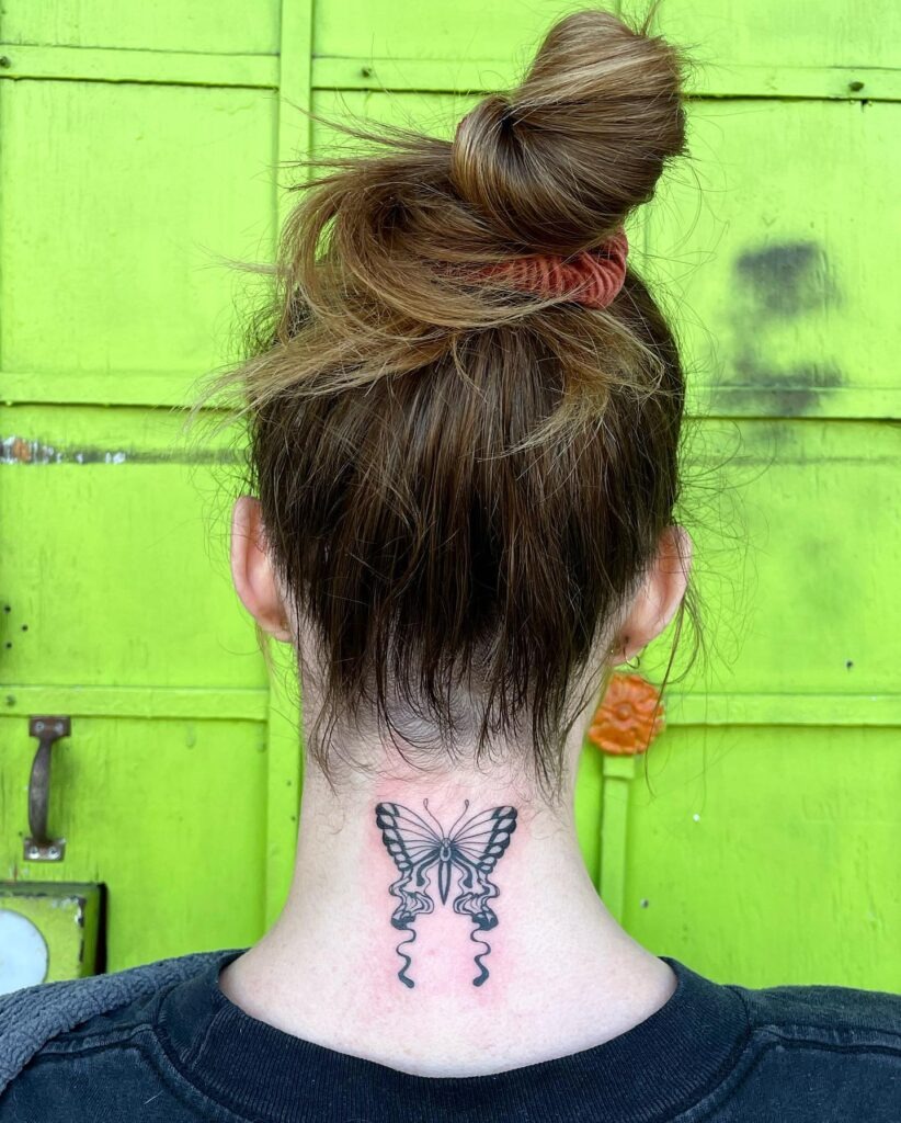Delicate Ornamental Neck Tattoo with Moon and Leaves Tattoo Design