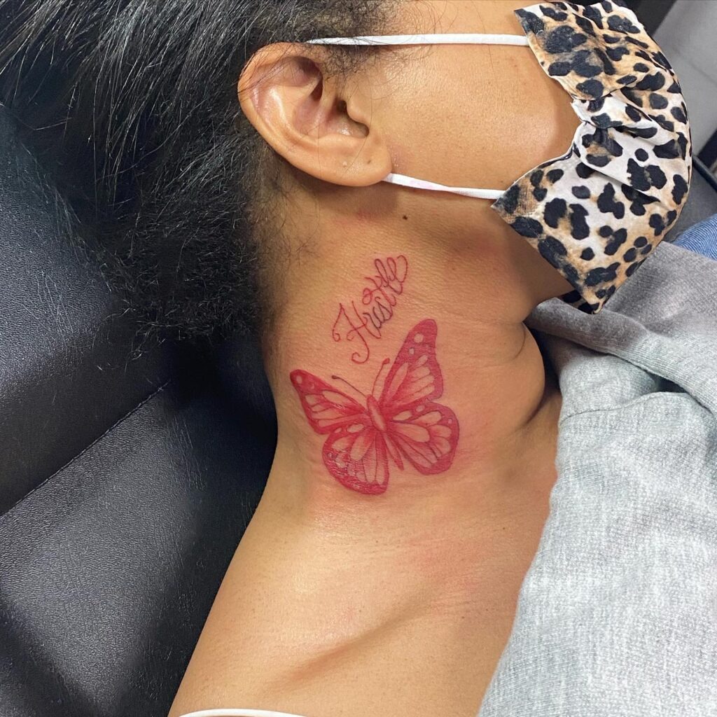 Elegant Butterfly and Ornamental Dotwork Neck Tattoo Tattoo Design