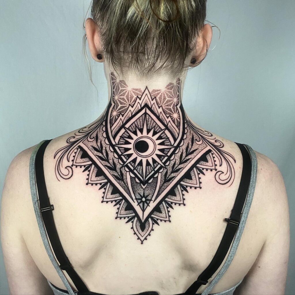 Geometric Moth and Lotus Back Neck Tattoo Tattoo Design