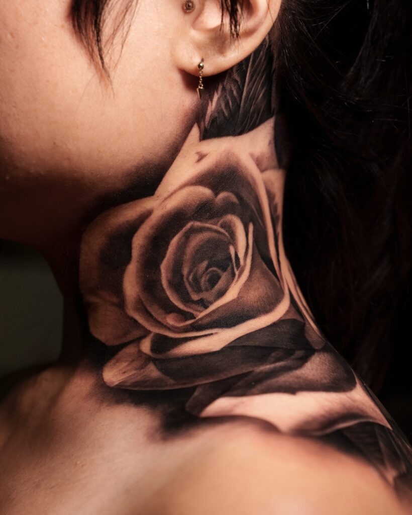Geometric Triangle and Rose Neck Tattoo Tattoo Design