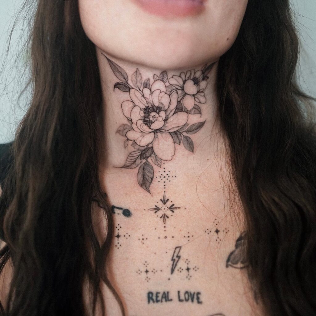 Ornamental Dotwork and Petal Motif Neck Tattoo Tattoo Design