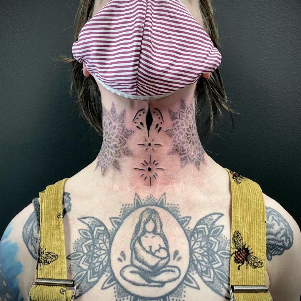 Sacred Crescent and Dotwork Ornamental Neck Tattoo Tattoo Design