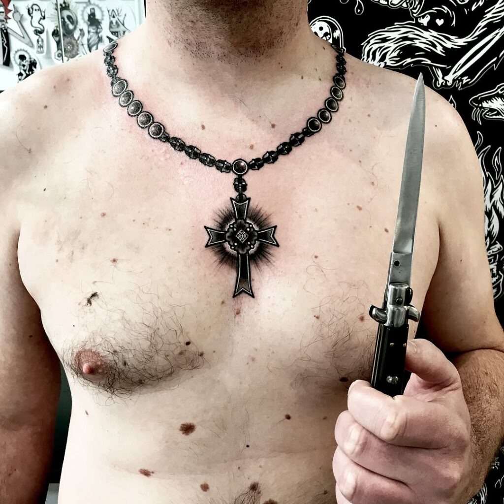 Realistic Rosary Bead Necklace Tattoo with Cross Tattoo Design