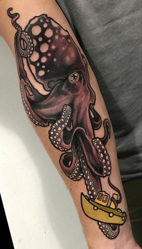 Dark Octopus with Toy Boat, a tattoo design rendered in clean detailed linework.