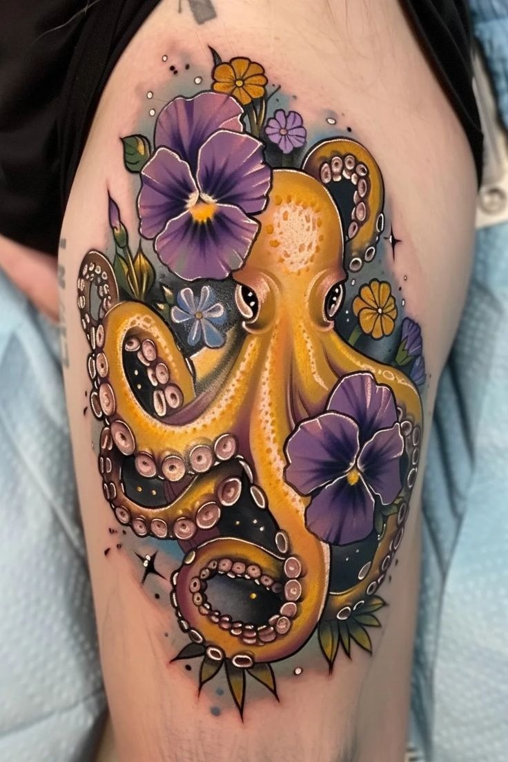 Floral Octopus Thigh Tattoo, a tattoo design rendered in clean detailed linework.