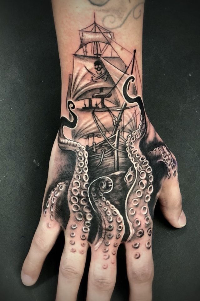 Kraken vs Pirate Ship Tattoo, a tattoo design rendered in clean detailed linework for the hand.