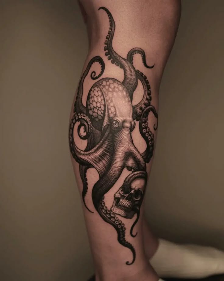 Octopus and Skull Calf Tattoo, a tattoo design rendered in clean detailed linework for the leg.