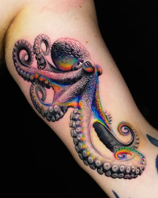 Rainbow Prism Octopus Tattoo, a tattoo design rendered in clean detailed linework.