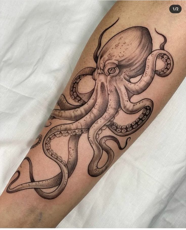 Realistic Forearm Octopus, a tattoo design rendered in dotwork.