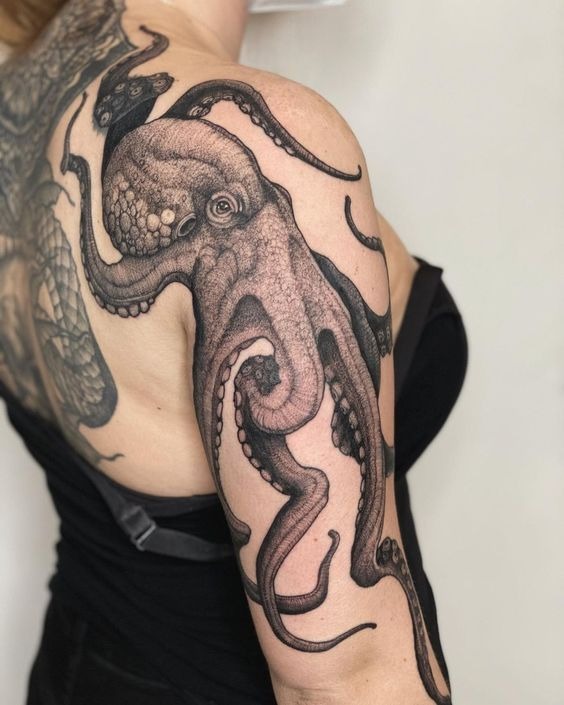Shoulder Octopus Masterpiece, a tattoo design rendered in clean detailed linework.