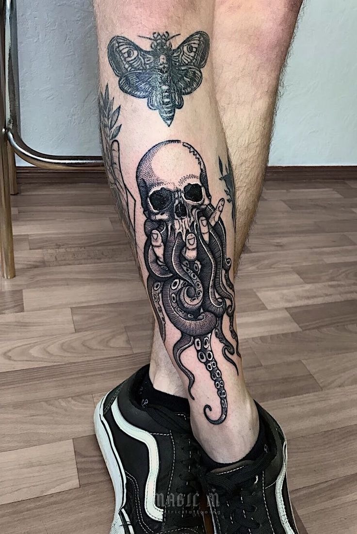 Skull and Tentacle Leg Tattoo, a tattoo design rendered in clean detailed linework.