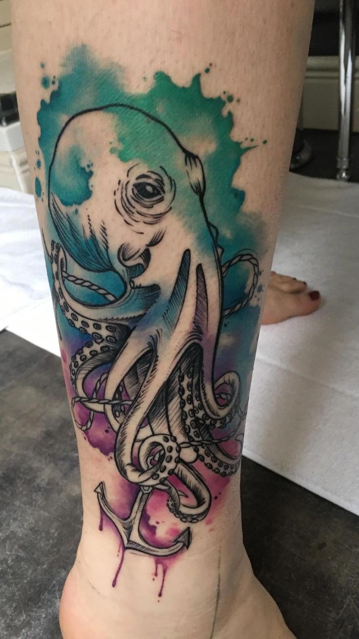 Watercolor Anchor Octopus, a tattoo design rendered in watercolor.