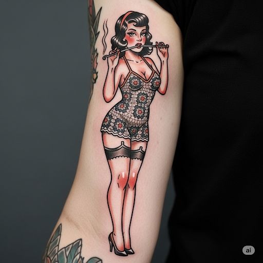 Curvy Classic With Rose in Her Hair Tattoo Design